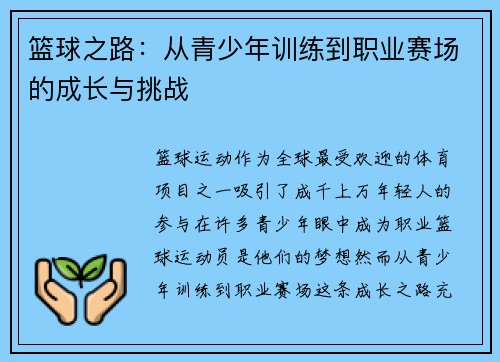 篮球之路：从青少年训练到职业赛场的成长与挑战